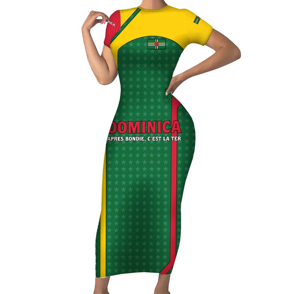 Dominica Flag Short Sleeve Bodycon Dress National Parrot and Stars Design with Motto Apres Bondie C’est La Ter - Wonder Print Shop