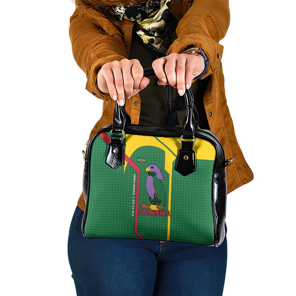 Dominica Flag Shoulder Handbag National Parrot and Stars Design with Motto Apres Bondie C’est La Ter - Wonder Print Shop
