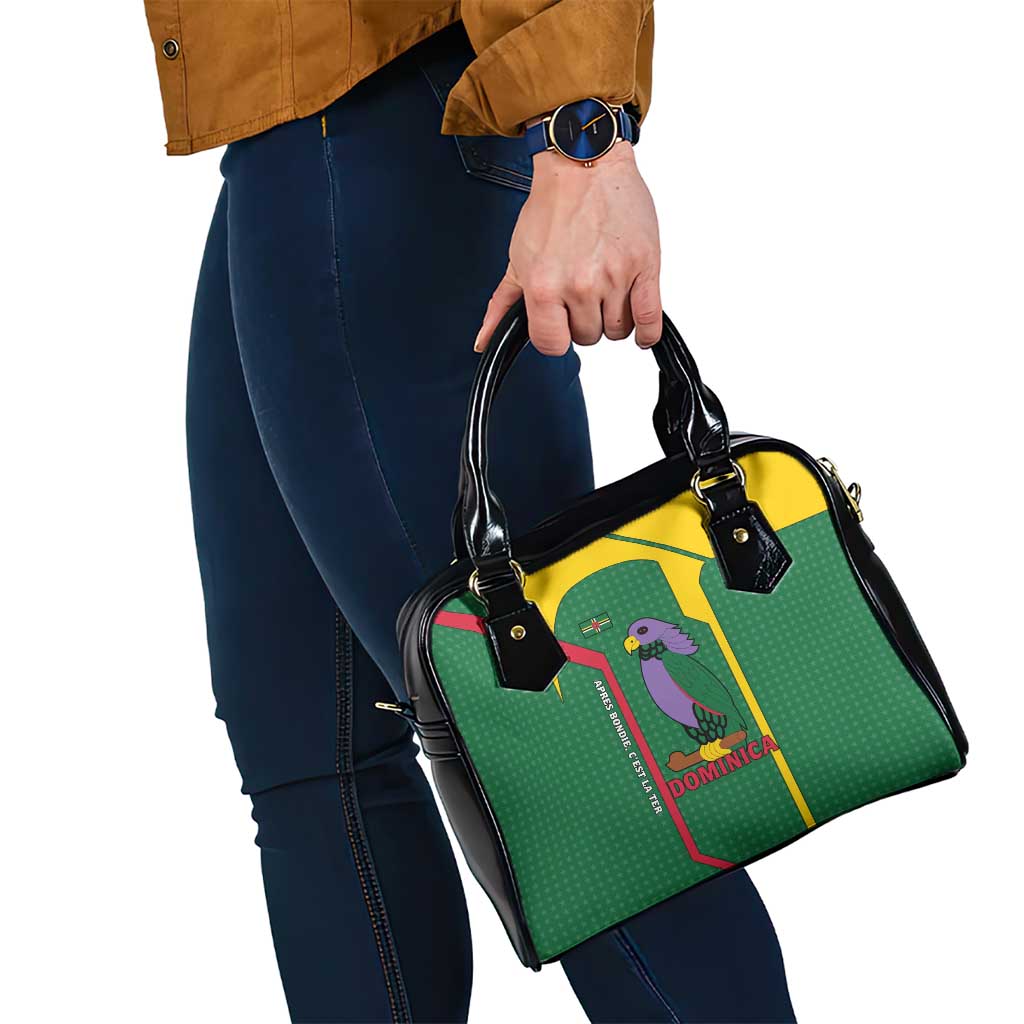 Dominica Flag Shoulder Handbag National Parrot and Stars Design with Motto Apres Bondie C’est La Ter - Wonder Print Shop