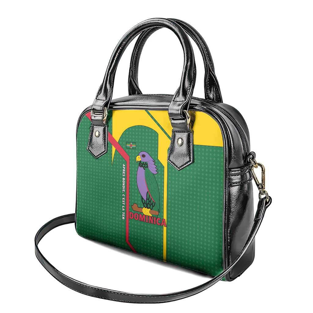 Dominica Flag Shoulder Handbag National Parrot and Stars Design with Motto Apres Bondie C’est La Ter - Wonder Print Shop