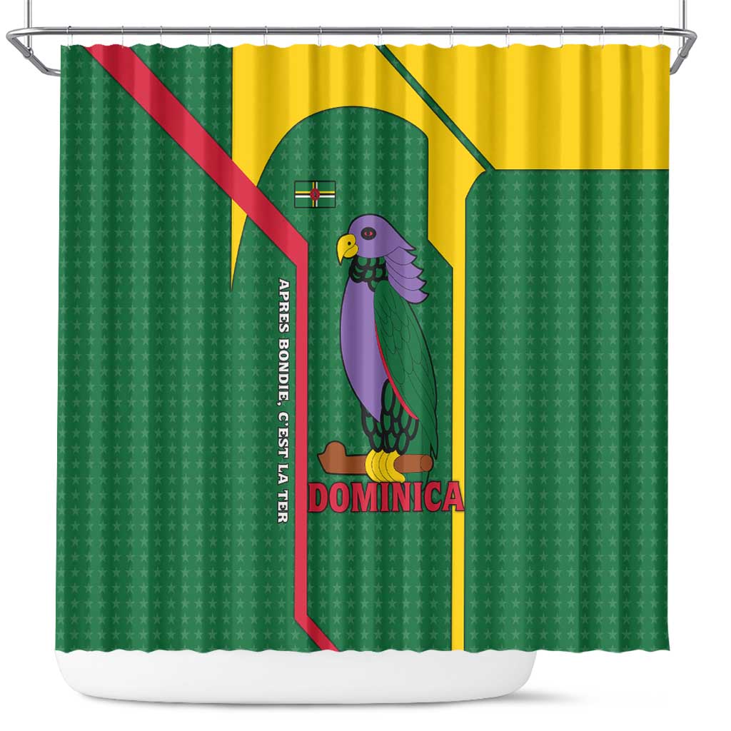 Dominica Flag Shower Curtain National Parrot and Stars Design with Motto Apres Bondie C’est La Ter - Wonder Print Shop