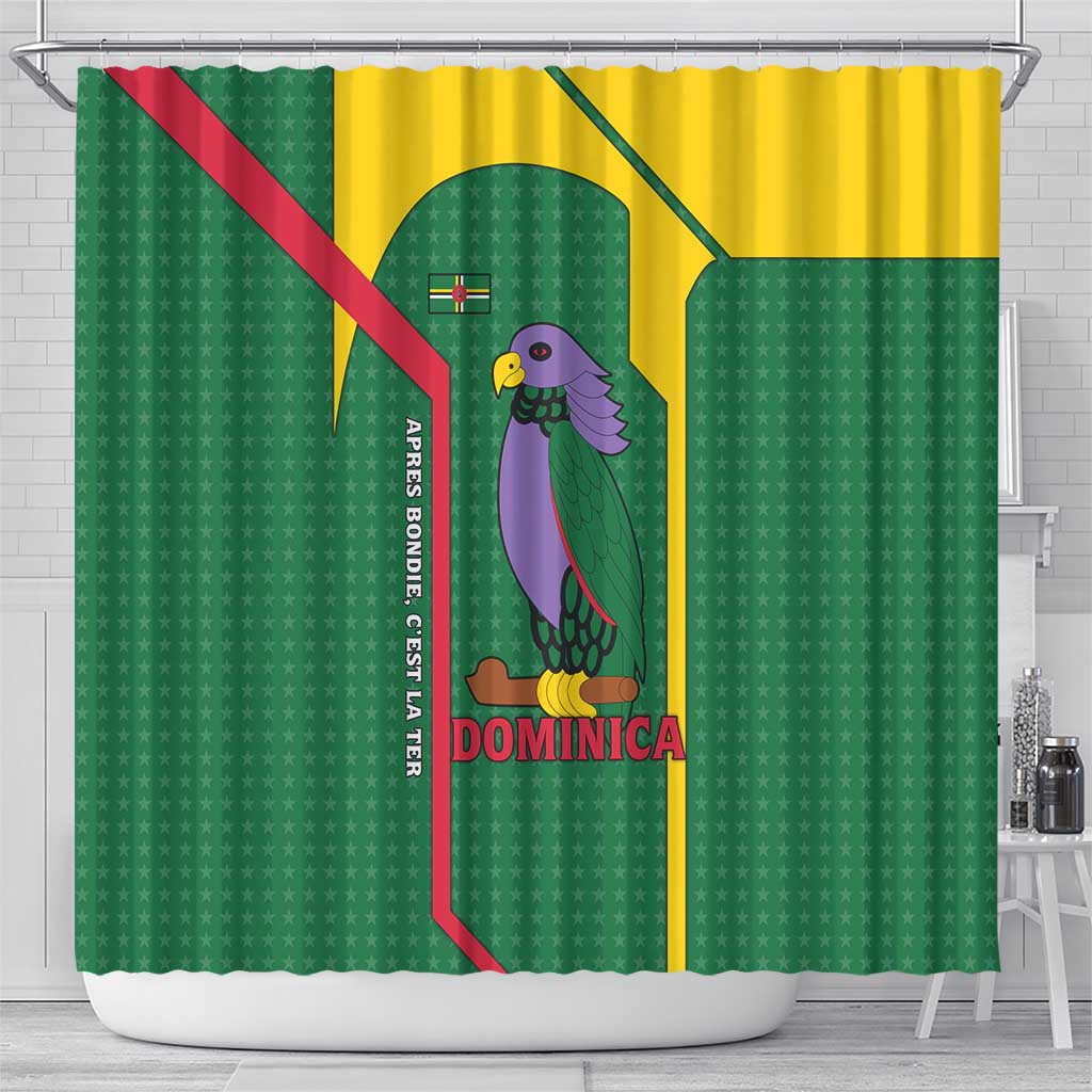 Dominica Flag Shower Curtain National Parrot and Stars Design with Motto Apres Bondie C’est La Ter - Wonder Print Shop