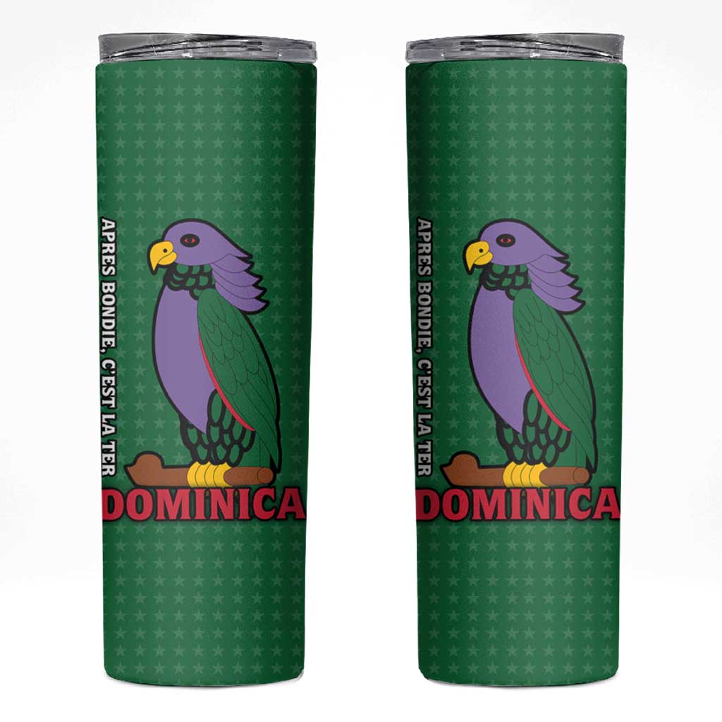 Dominica Flag Skinny Tumbler National Parrot and Stars Design with Motto Apres Bondie C’est La Ter - Wonder Print Shop