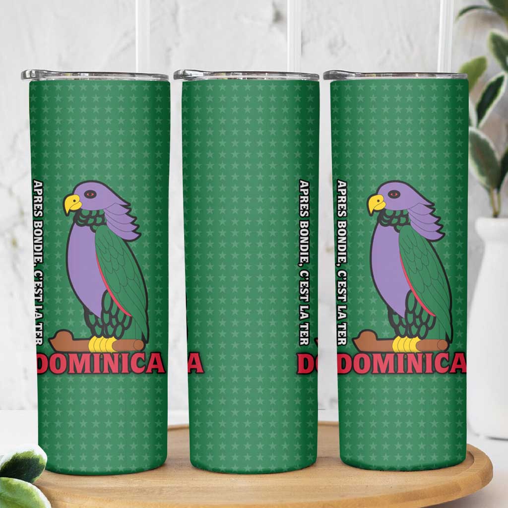 Dominica Flag Skinny Tumbler National Parrot and Stars Design with Motto Apres Bondie C’est La Ter - Wonder Print Shop