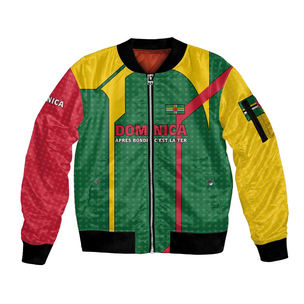 Dominica Flag Sleeve Zip Bomber Jacket National Parrot and Stars Design with Motto Apres Bondie C’est La Ter - Wonder Print Shop