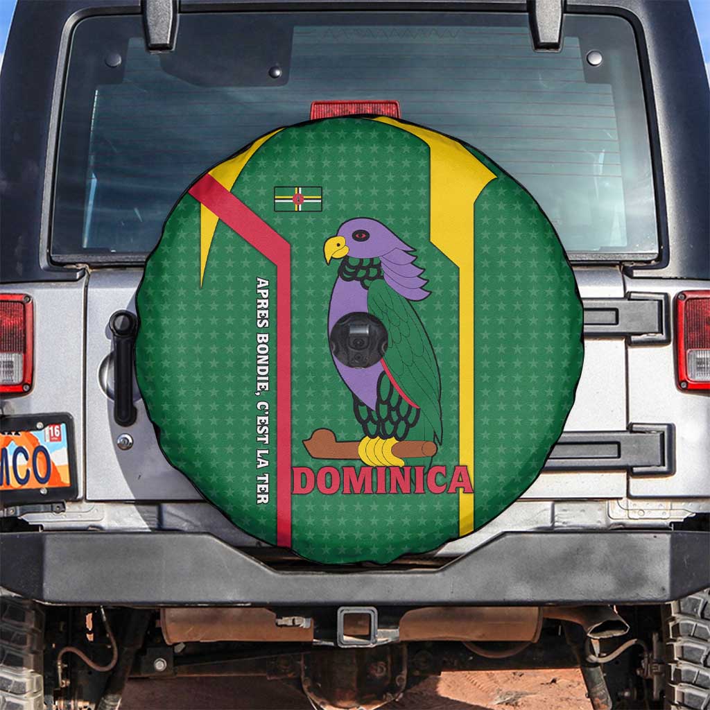 Dominica Flag Spare Tire Cover National Parrot and Stars Design with Motto Apres Bondie C’est La Ter - Wonder Print Shop