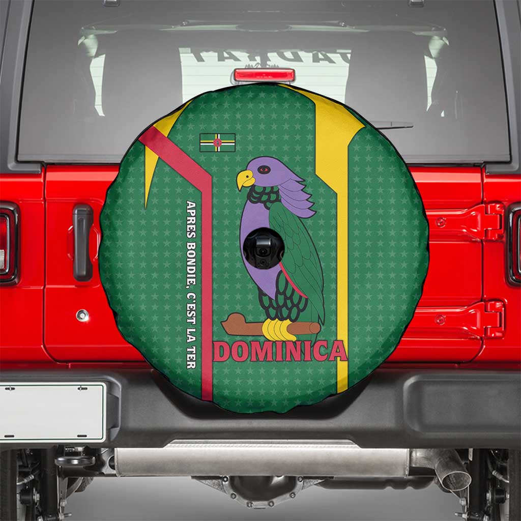 Dominica Flag Spare Tire Cover National Parrot and Stars Design with Motto Apres Bondie C’est La Ter - Wonder Print Shop
