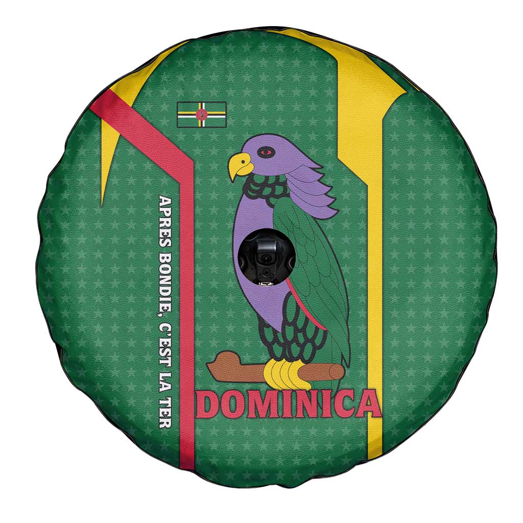 Dominica Flag Spare Tire Cover National Parrot and Stars Design with Motto Apres Bondie C’est La Ter - Wonder Print Shop