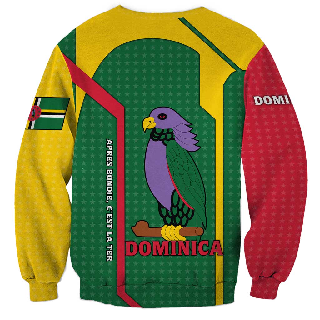 Dominica Flag Sweatshirt National Parrot and Stars Design with Motto Apres Bondie C’est La Ter - Wonder Print Shop