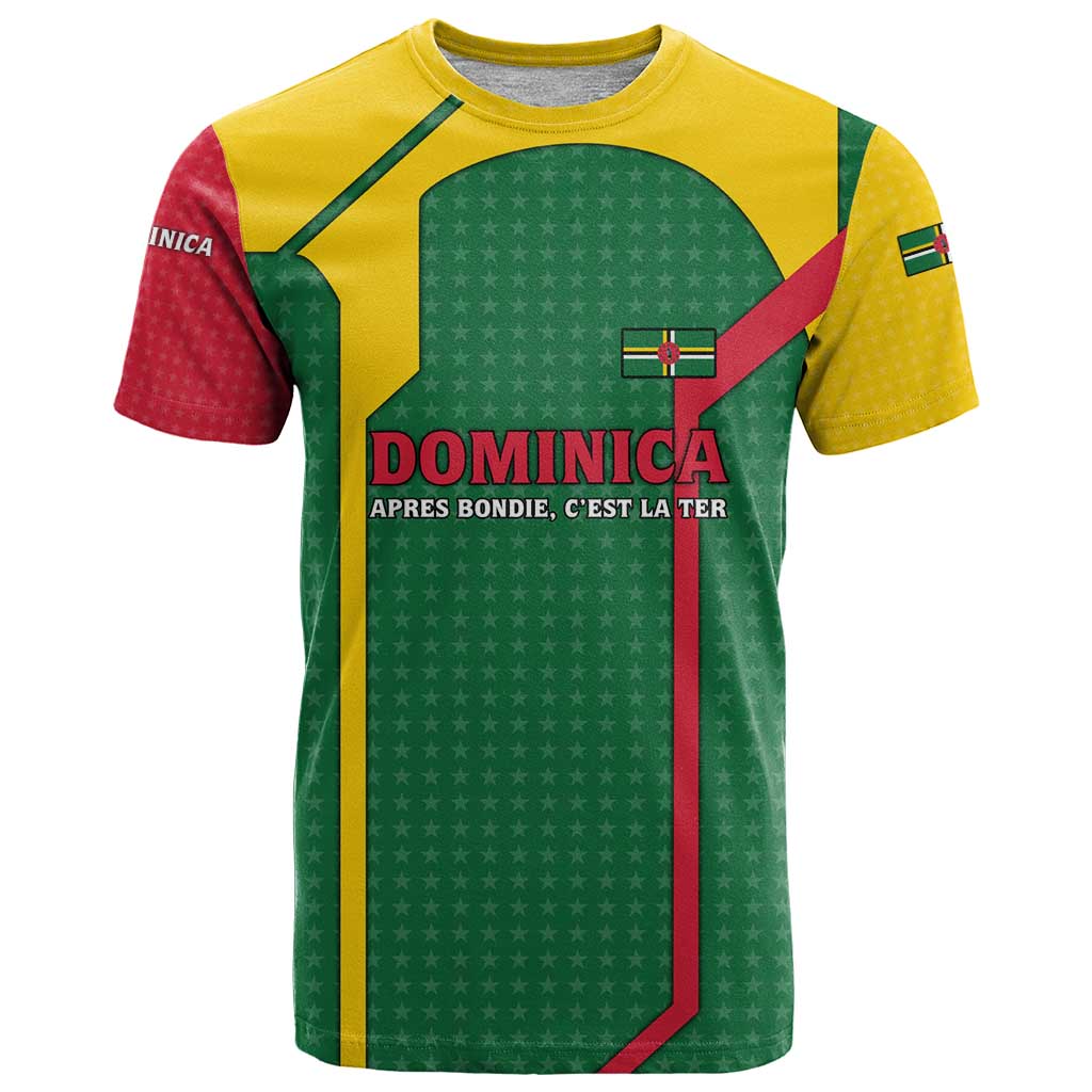 Dominica Flag T Shirt National Parrot and Stars Design with Motto Apres Bondie C’est La Ter - Wonder Print Shop