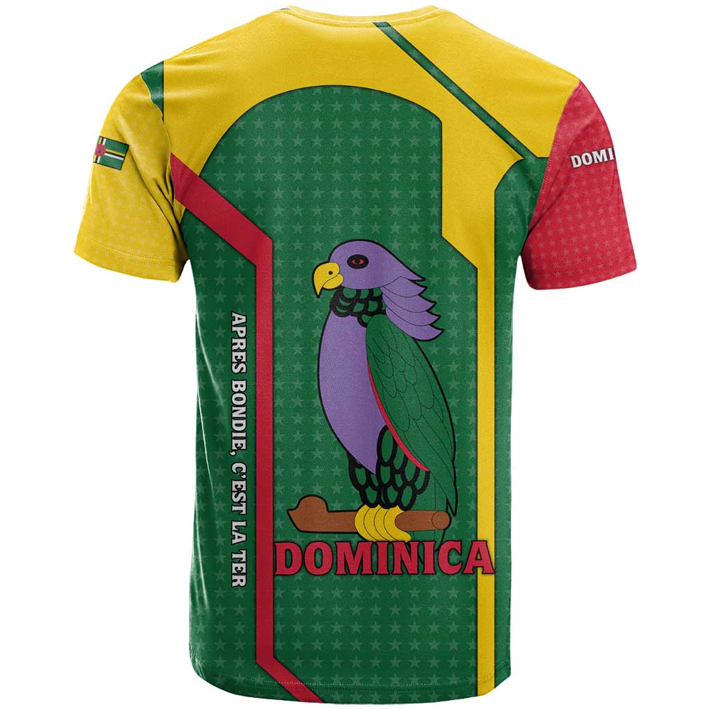 Dominica Flag T Shirt National Parrot and Stars Design with Motto Apres Bondie C’est La Ter - Wonder Print Shop