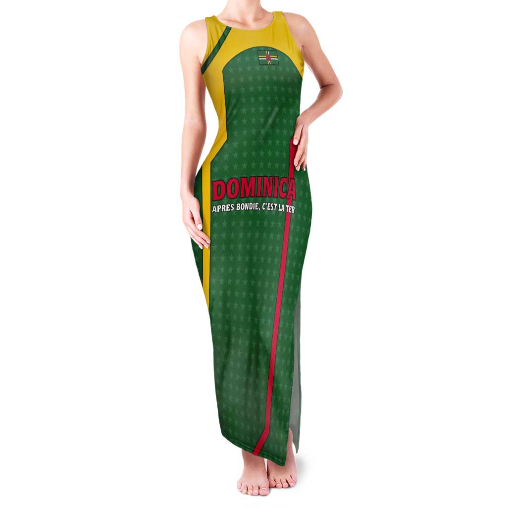 Dominica Flag Tank Maxi Dress National Parrot and Stars Design with Motto Apres Bondie C’est La Ter - Wonder Print Shop