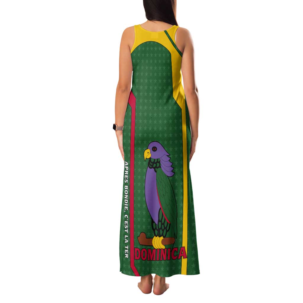 Dominica Flag Tank Maxi Dress National Parrot and Stars Design with Motto Apres Bondie C’est La Ter - Wonder Print Shop