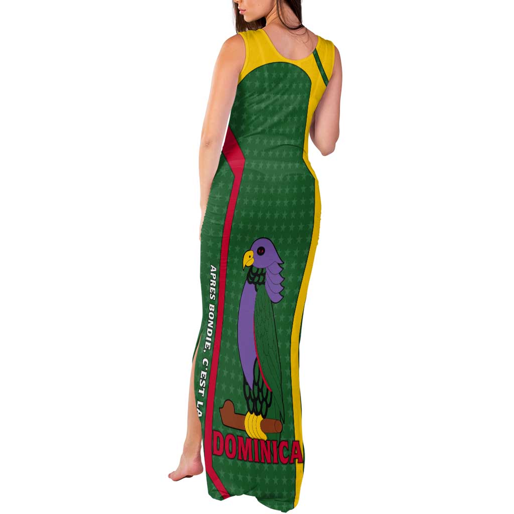 Dominica Flag Tank Maxi Dress National Parrot and Stars Design with Motto Apres Bondie C’est La Ter - Wonder Print Shop