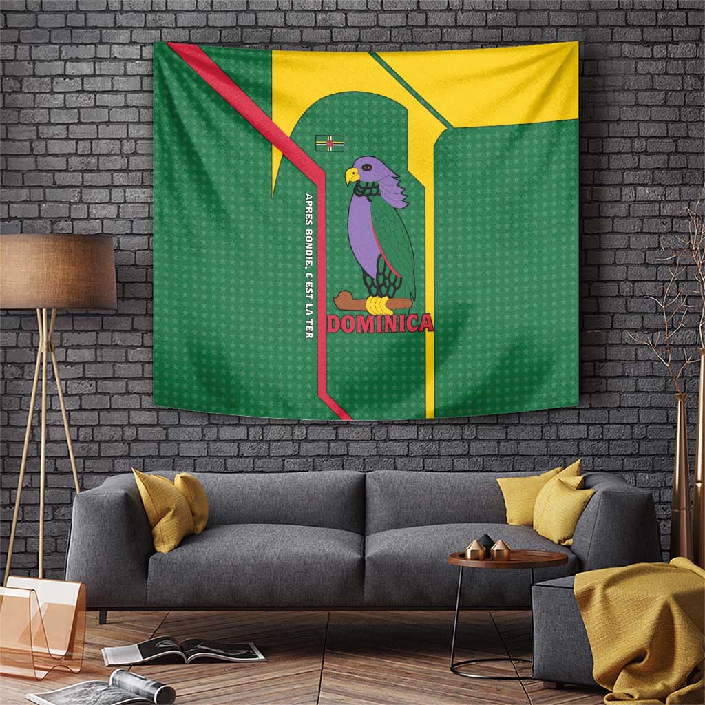 Dominica Flag Tapestry National Parrot and Stars Design with Motto Apres Bondie C’est La Ter - Wonder Print Shop