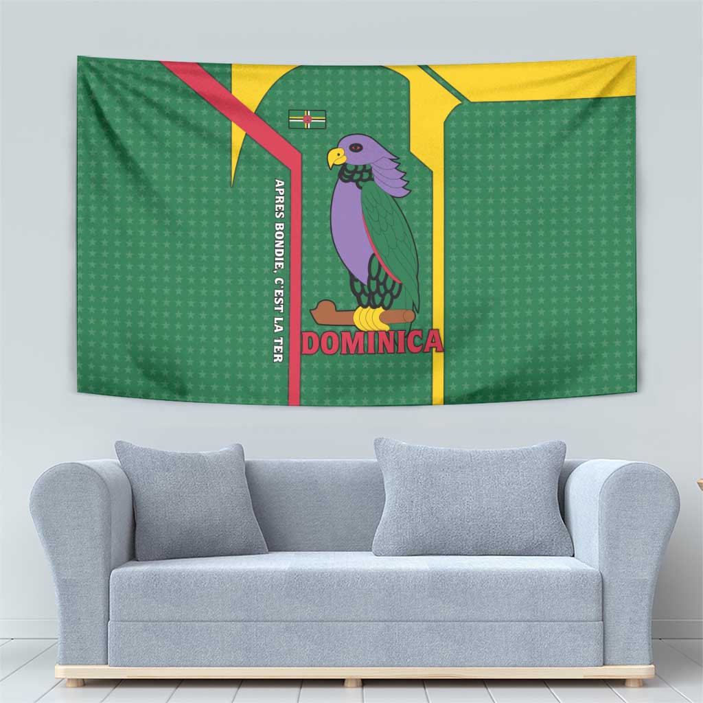 Dominica Flag Tapestry National Parrot and Stars Design with Motto Apres Bondie C’est La Ter - Wonder Print Shop