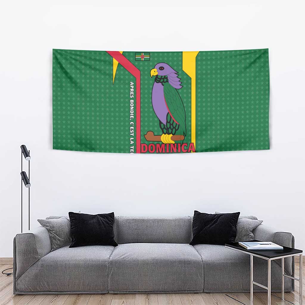 Dominica Flag Tapestry National Parrot and Stars Design with Motto Apres Bondie C’est La Ter - Wonder Print Shop