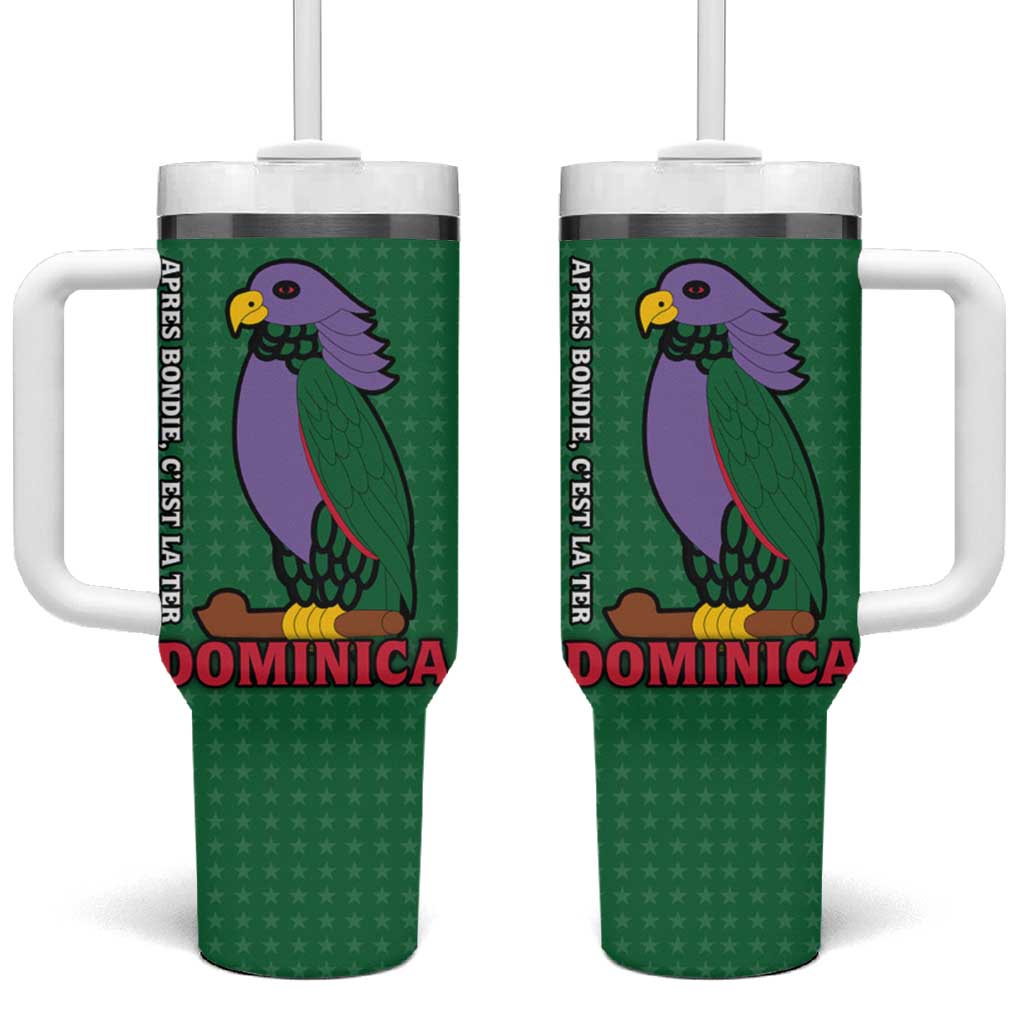 Dominica Flag Tumbler With Handle National Parrot and Stars Design with Motto Apres Bondie C’est La Ter - Wonder Print Shop