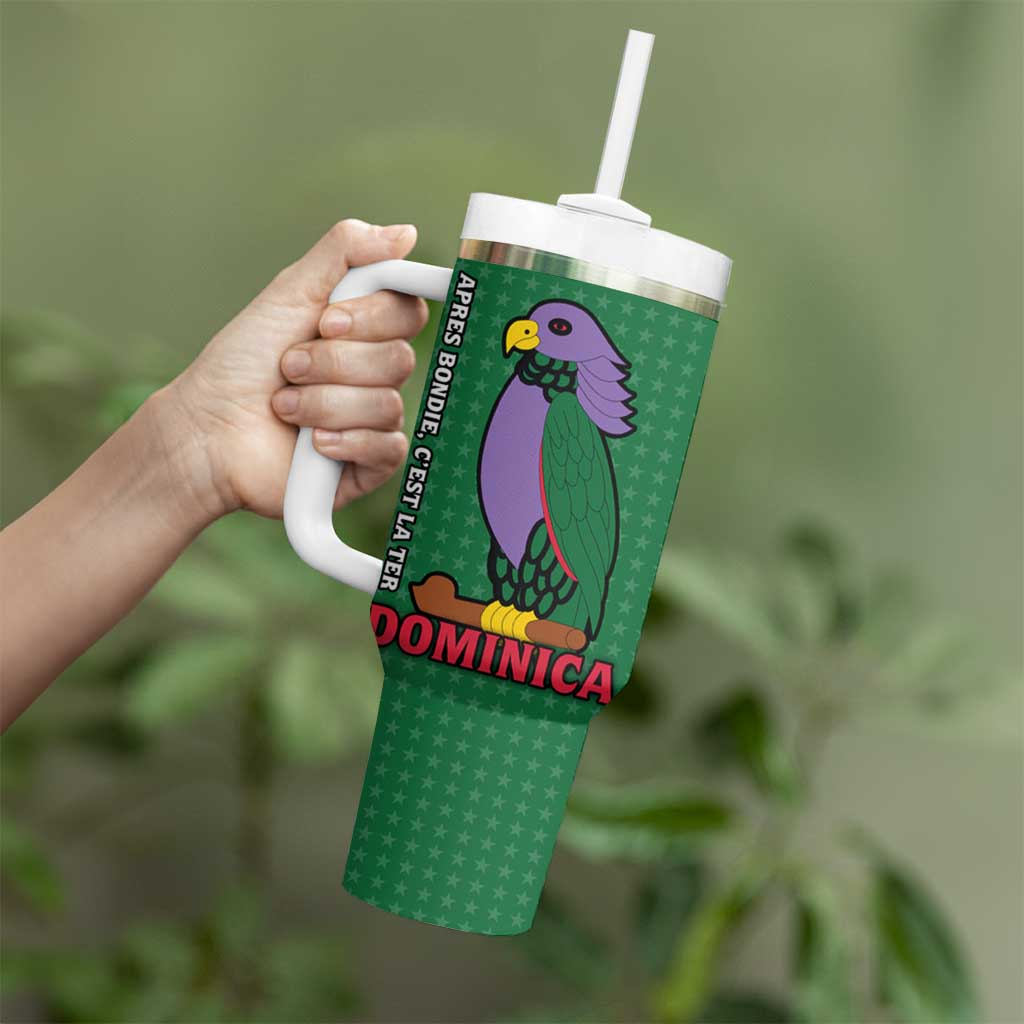 Dominica Flag Tumbler With Handle National Parrot and Stars Design with Motto Apres Bondie C’est La Ter - Wonder Print Shop