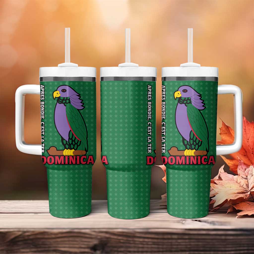 Dominica Flag Tumbler With Handle National Parrot and Stars Design with Motto Apres Bondie C’est La Ter - Wonder Print Shop