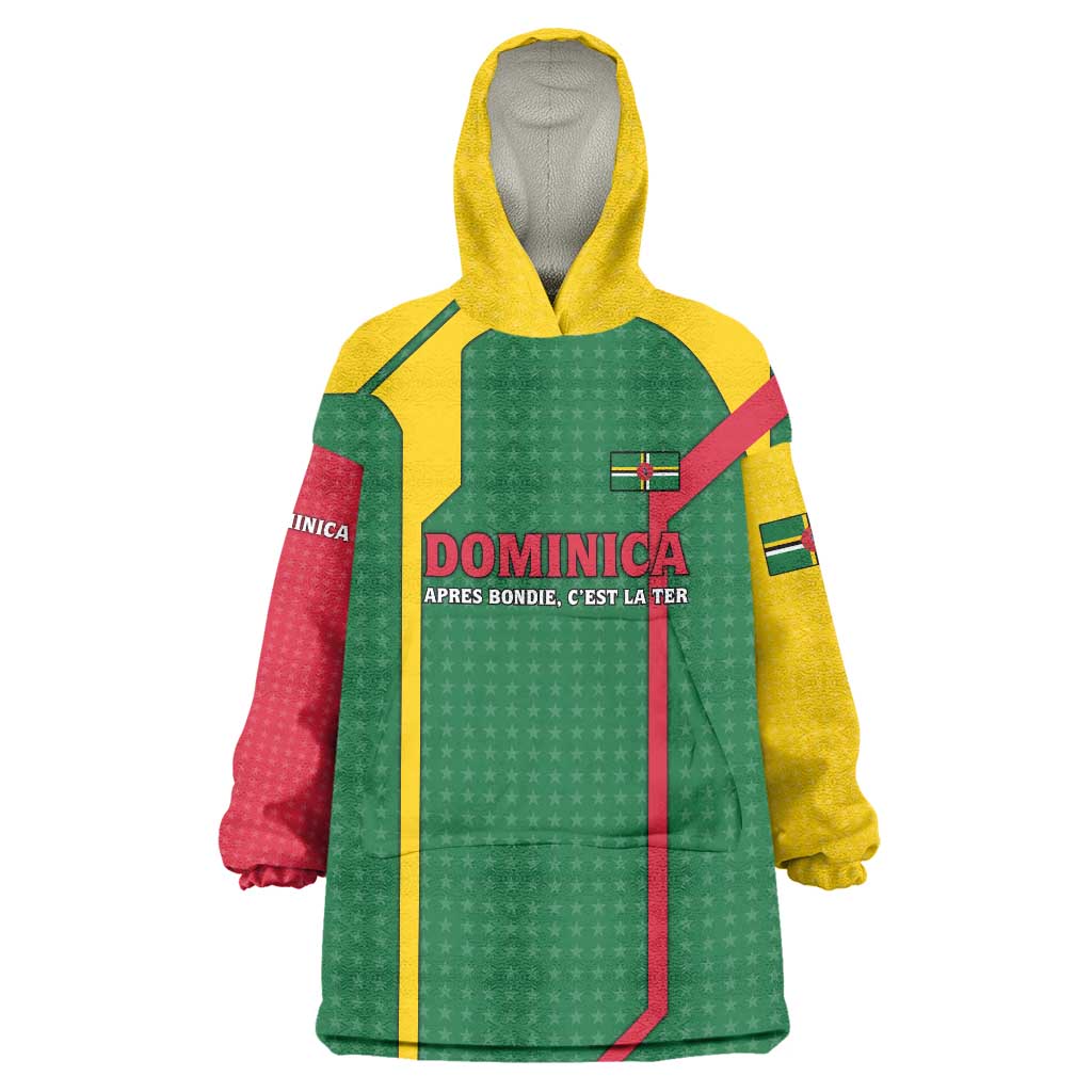 Dominica Flag Wearable Blanket Hoodie National Parrot and Stars Design with Motto Apres Bondie C’est La Ter - Wonder Print Shop