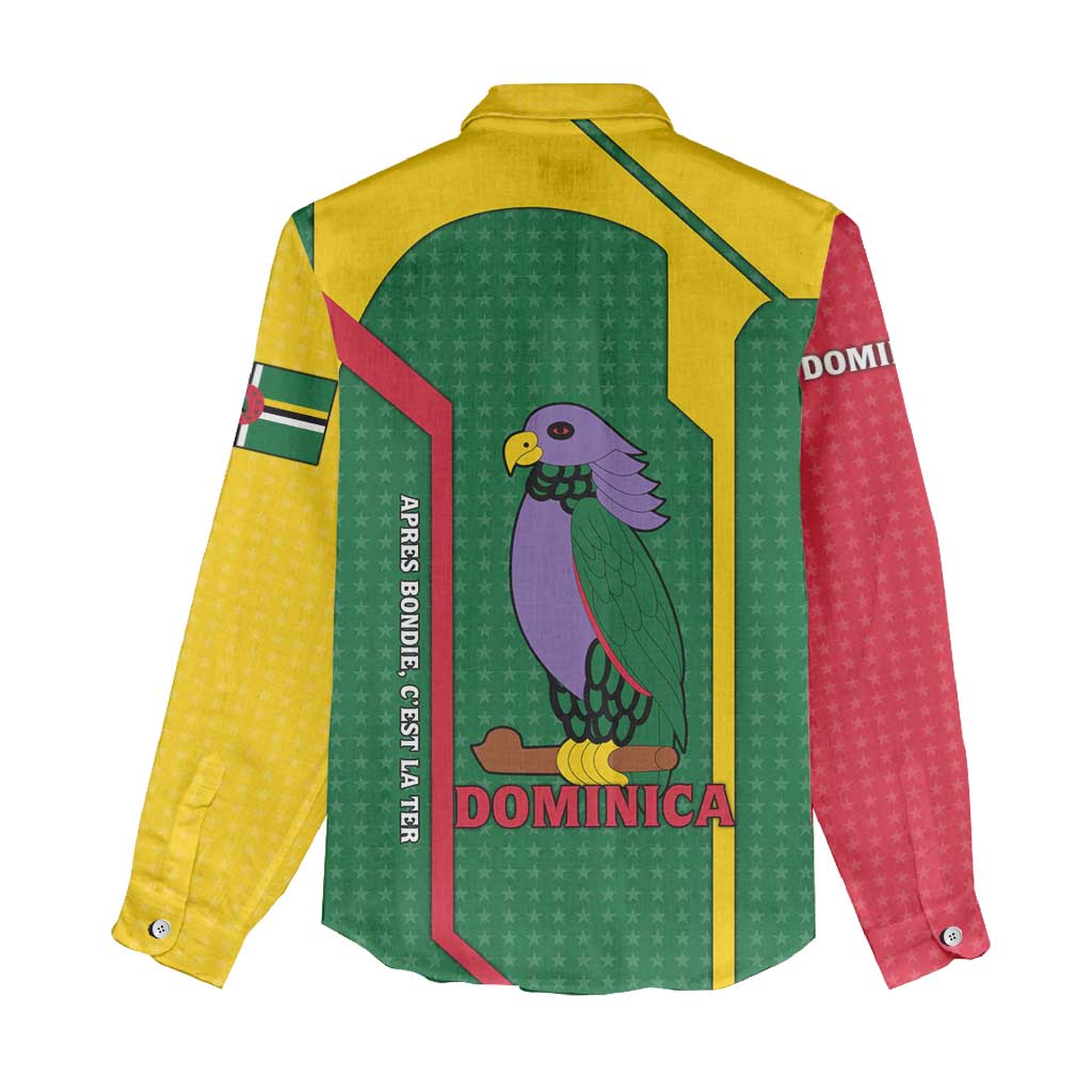 Dominica Flag Women Casual Shirt National Parrot and Stars Design with Motto Apres Bondie C’est La Ter - Wonder Print Shop