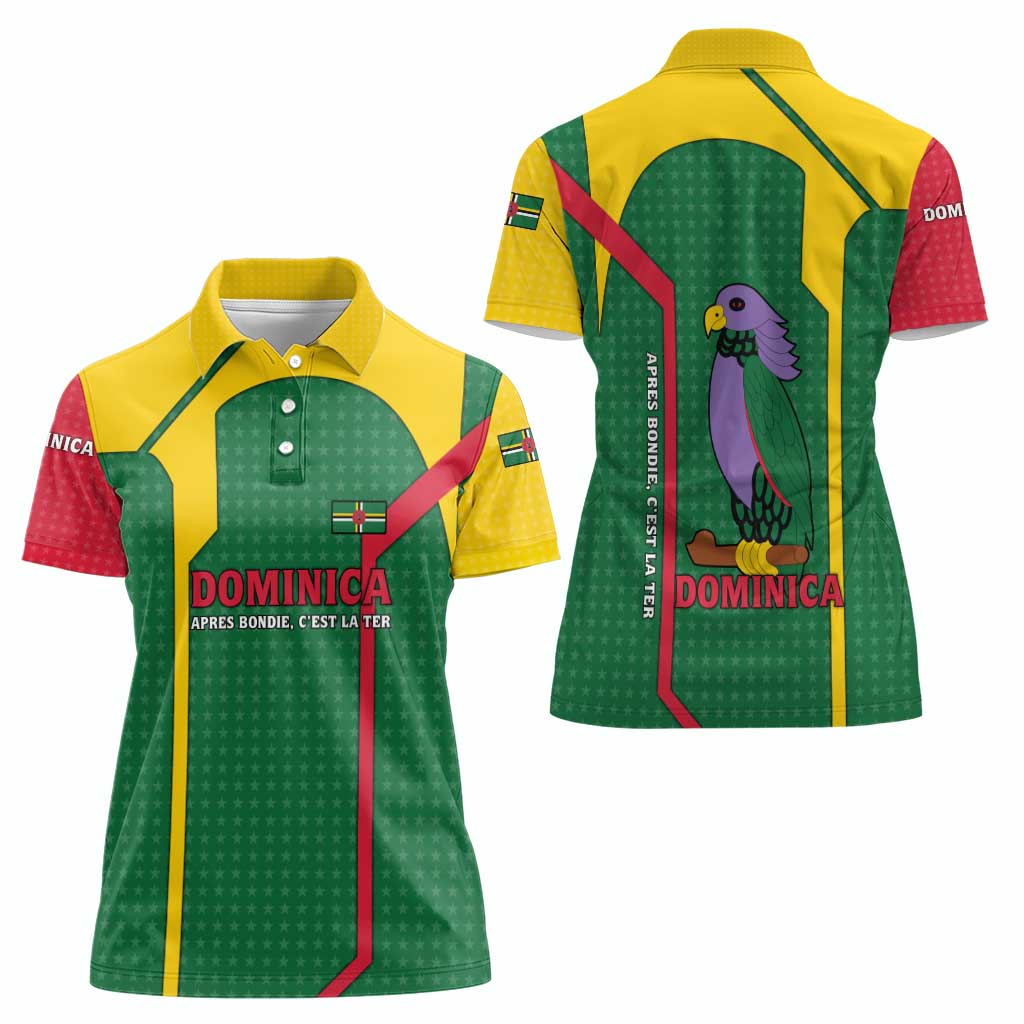 Dominica Flag Women Polo Shirt National Parrot and Stars Design with Motto Apres Bondie C’est La Ter - Wonder Print Shop