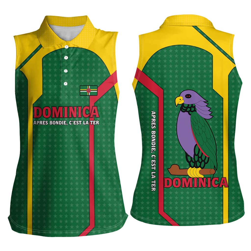 Dominica Flag Women Sleeveless Polo Shirt National Parrot and Stars Design with Motto Apres Bondie C’est La Ter - Wonder Print Shop