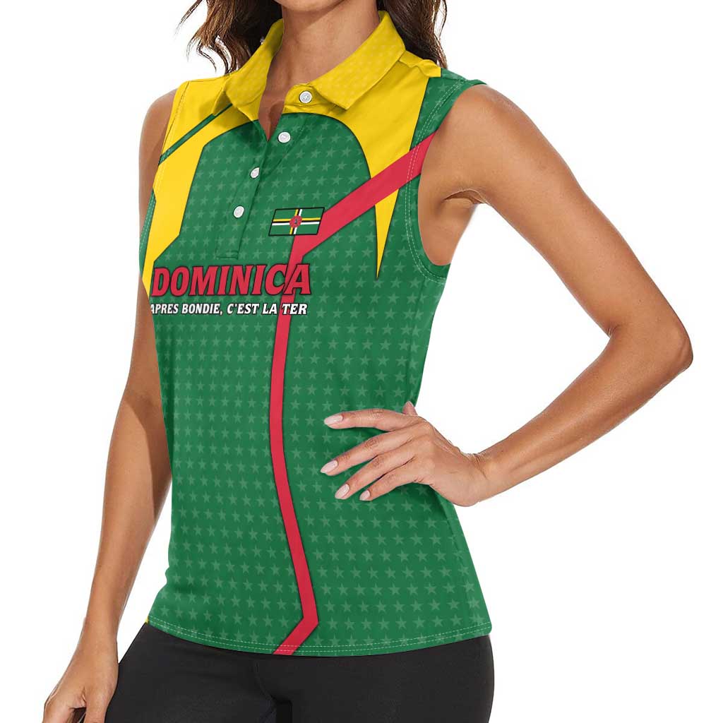 Dominica Flag Women Sleeveless Polo Shirt National Parrot and Stars Design with Motto Apres Bondie C’est La Ter - Wonder Print Shop