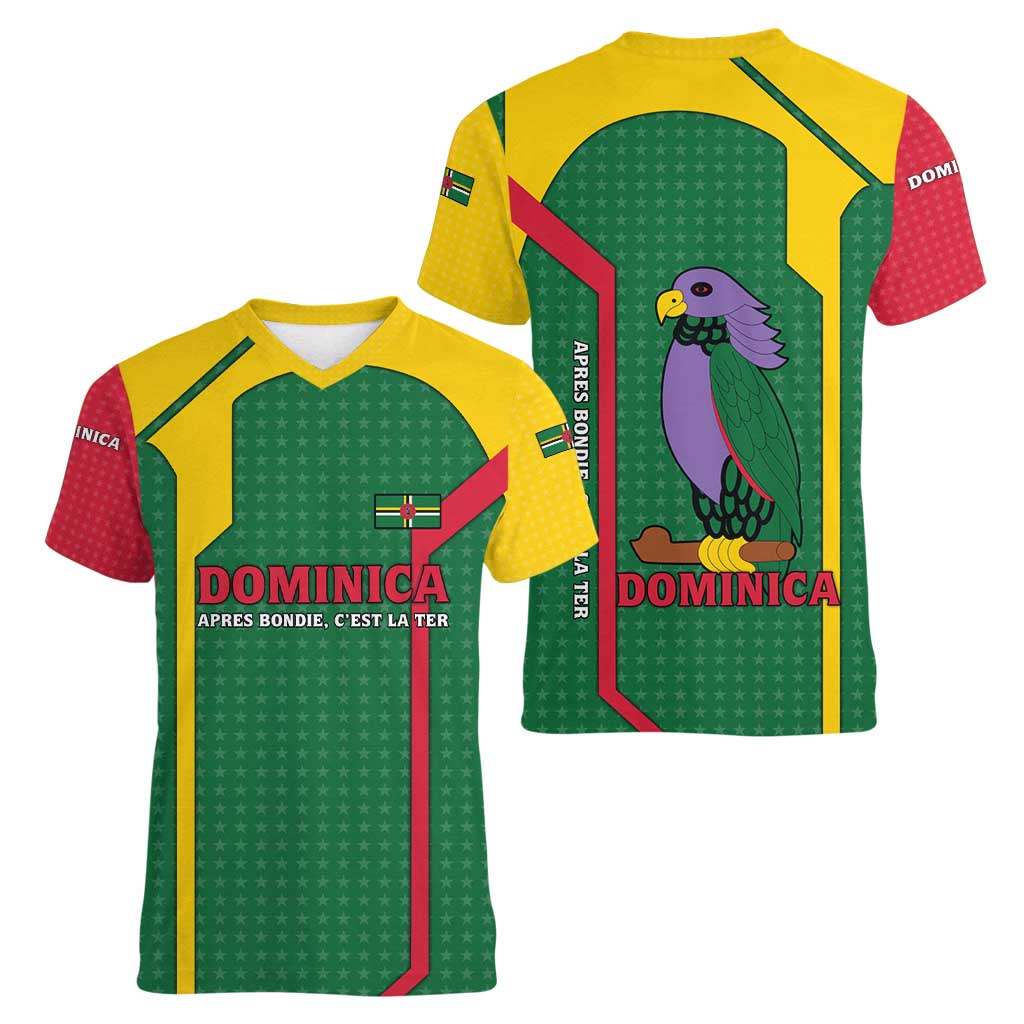 Dominica Flag Women V-Neck T-Shirt National Parrot and Stars Design with Motto Apres Bondie C’est La Ter - Wonder Print Shop