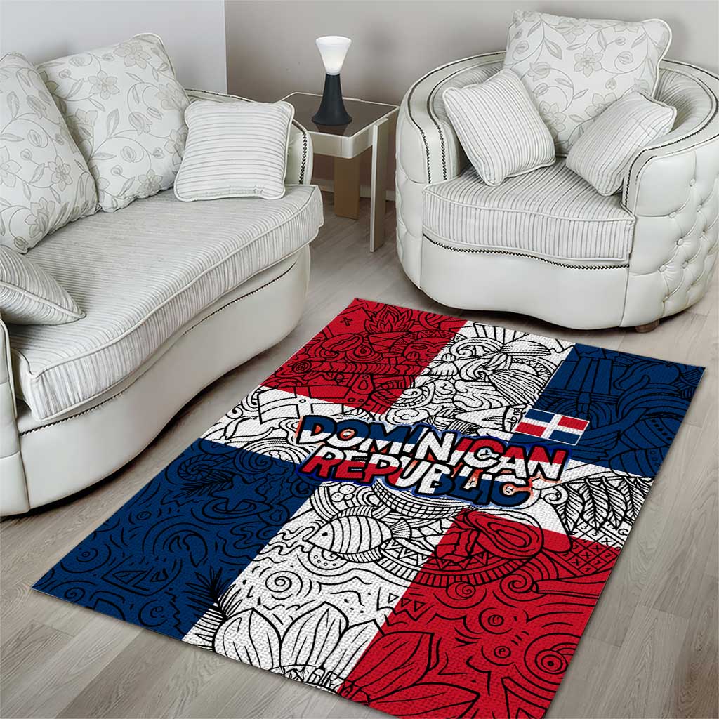 Dominican Republic Flag Area Rug Red White and Blue Pattern with National Emblem and Tribal Design - Wonder Print Shop