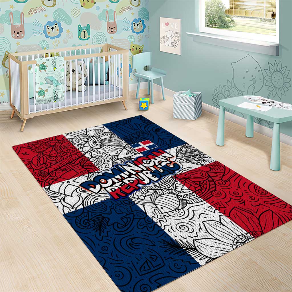 Dominican Republic Flag Area Rug Red White and Blue Pattern with National Emblem and Tribal Design - Wonder Print Shop