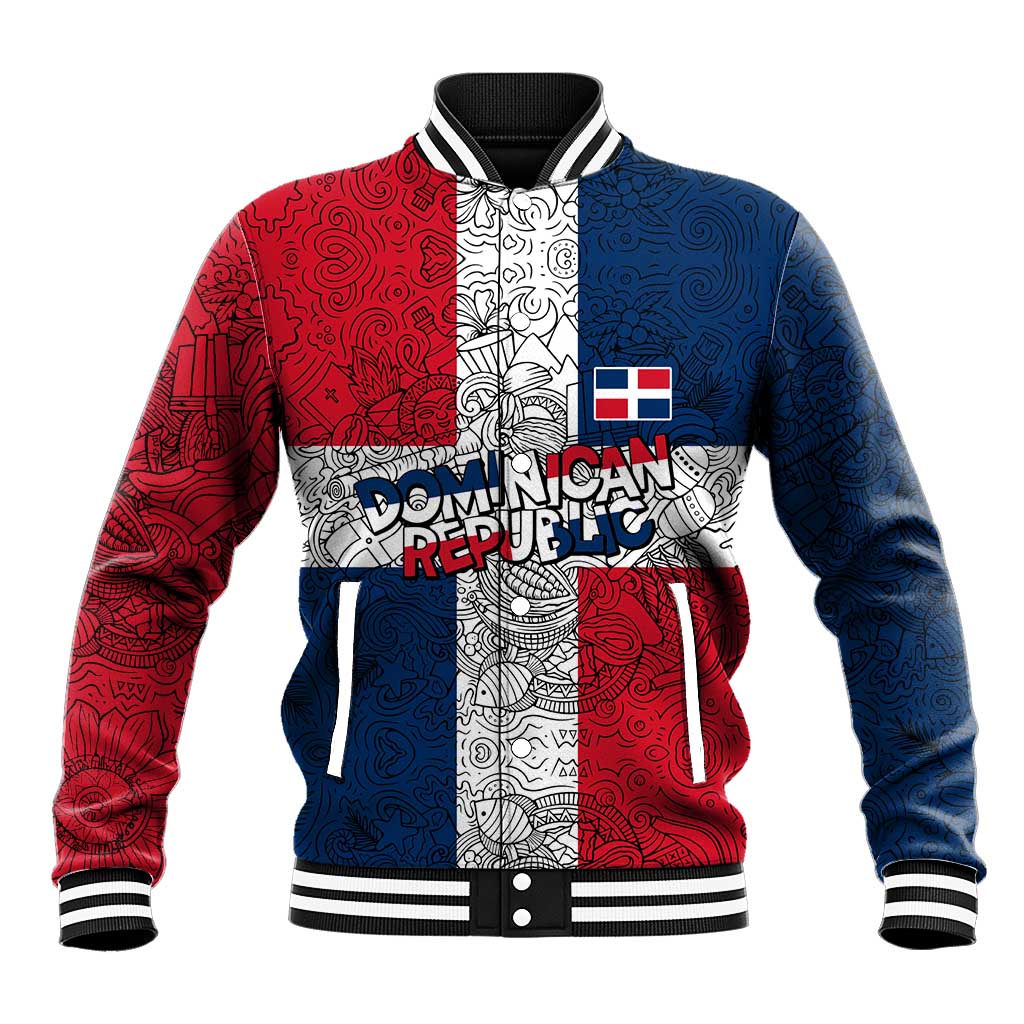 Dominican Republic Flag Baseball Jacket Red White and Blue Pattern with National Emblem and Tribal Design - Wonder Print Shop