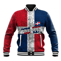 Dominican Republic Flag Baseball Jacket Red White and Blue Pattern with National Emblem and Tribal Design - Wonder Print Shop