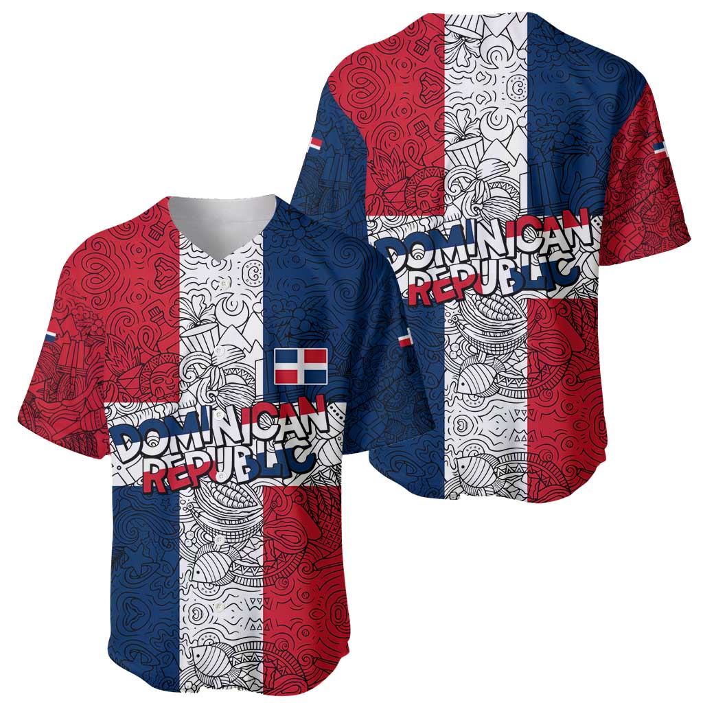 Dominican Republic Flag Baseball Jersey Red White and Blue Pattern with National Emblem and Tribal Design - Wonder Print Shop