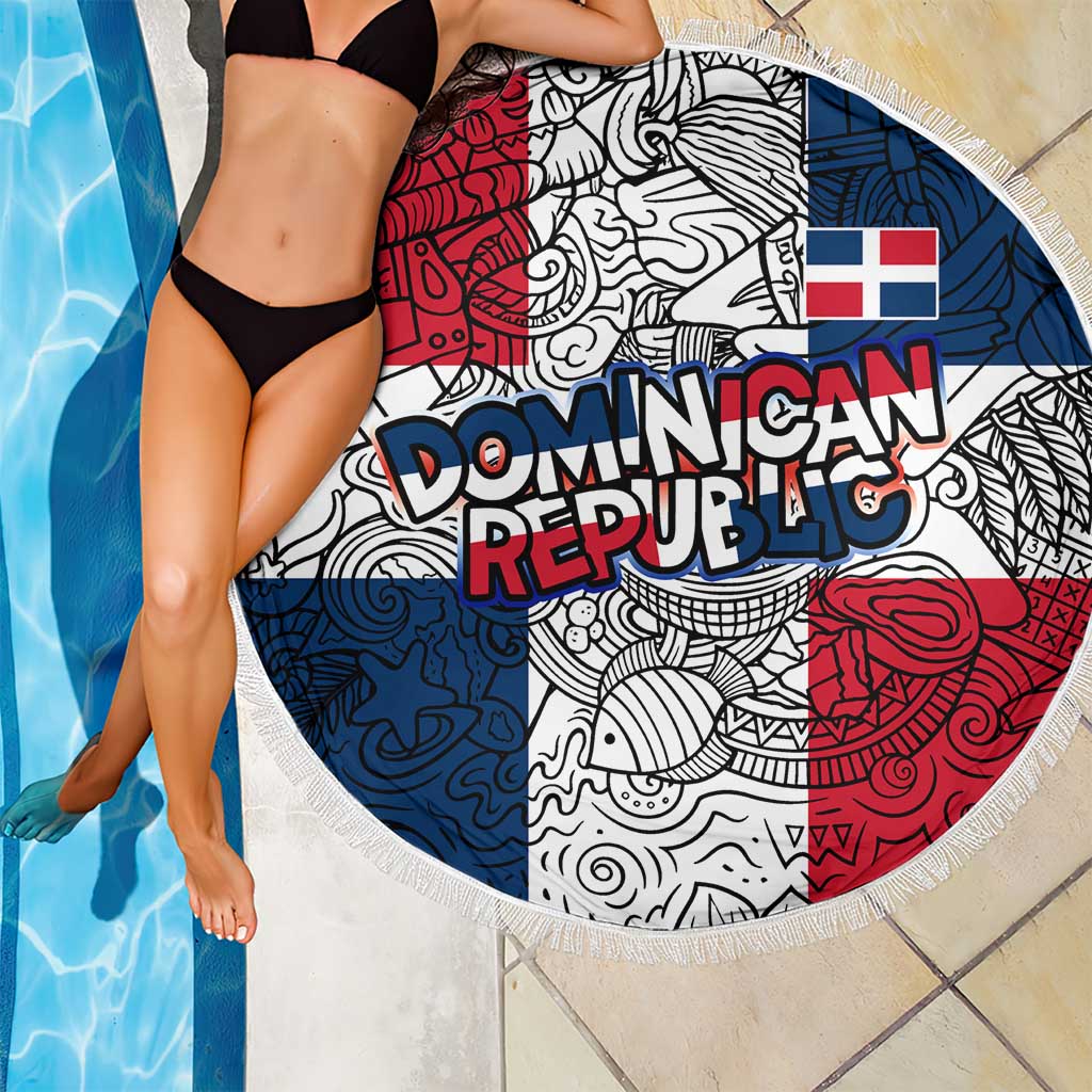 Dominican Republic Flag Beach Blanket Red White and Blue Pattern with National Emblem and Tribal Design - Wonder Print Shop