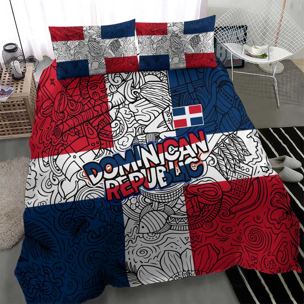 Dominican Republic Flag Bedding Set Red White and Blue Pattern with National Emblem and Tribal Design - Wonder Print Shop