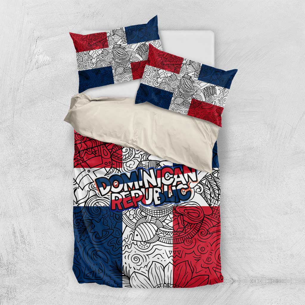 Dominican Republic Flag Bedding Set Red White and Blue Pattern with National Emblem and Tribal Design - Wonder Print Shop