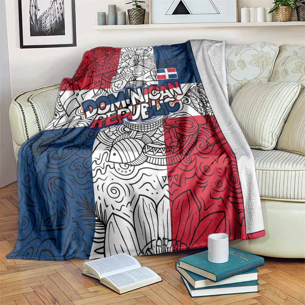 Dominican Republic Flag Blanket Red White and Blue Pattern with National Emblem and Tribal Design - Wonder Print Shop