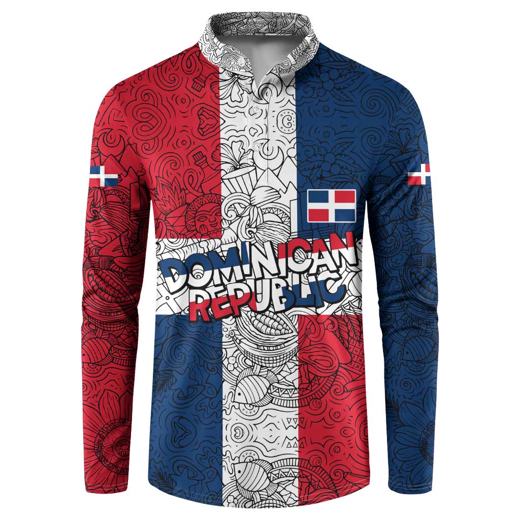 Dominican Republic Flag Button Sweatshirt Red White and Blue Pattern with National Emblem and Tribal Design - Wonder Print Shop