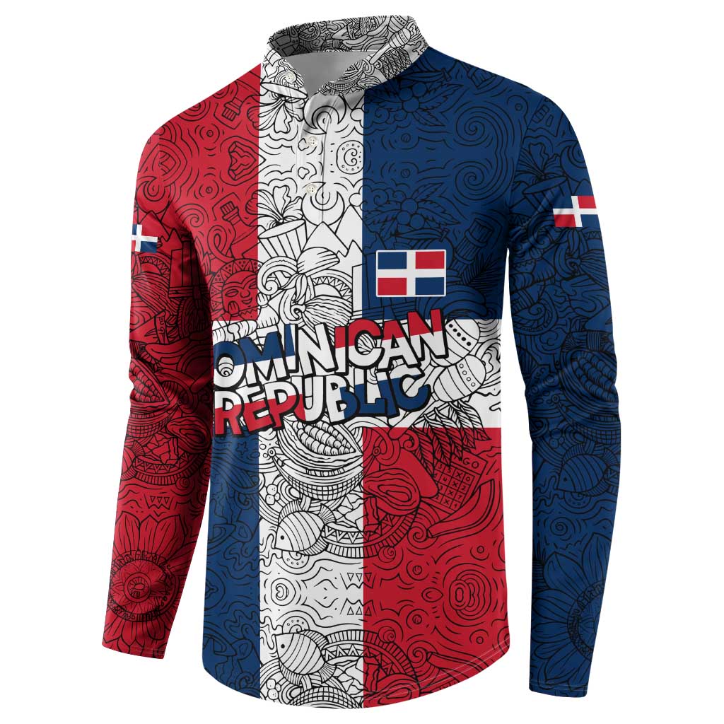 Dominican Republic Flag Button Sweatshirt Red White and Blue Pattern with National Emblem and Tribal Design - Wonder Print Shop