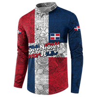 Dominican Republic Flag Button Sweatshirt Red White and Blue Pattern with National Emblem and Tribal Design - Wonder Print Shop