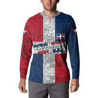 Dominican Republic Flag Button Sweatshirt Red White and Blue Pattern with National Emblem and Tribal Design - Wonder Print Shop