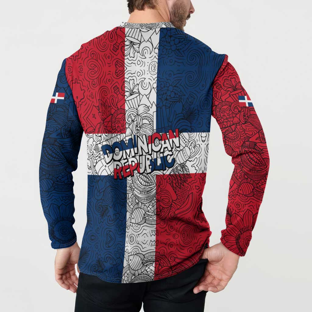 Dominican Republic Flag Button Sweatshirt Red White and Blue Pattern with National Emblem and Tribal Design - Wonder Print Shop
