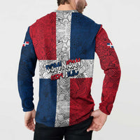 Dominican Republic Flag Button Sweatshirt Red White and Blue Pattern with National Emblem and Tribal Design - Wonder Print Shop