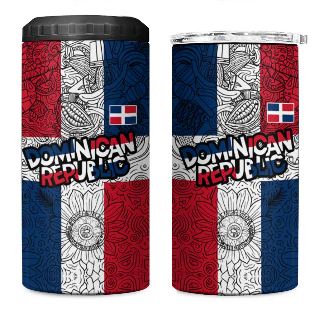 Dominican Republic Flag 4 in 1 Can Cooler Tumbler Red White and Blue Pattern with National Emblem and Tribal Design - Wonder Print Shop