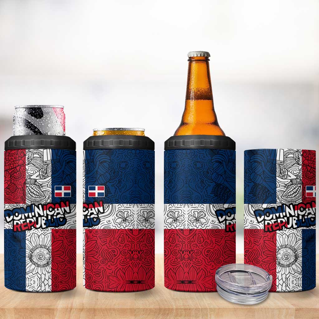 Dominican Republic Flag 4 in 1 Can Cooler Tumbler Red White and Blue Pattern with National Emblem and Tribal Design - Wonder Print Shop