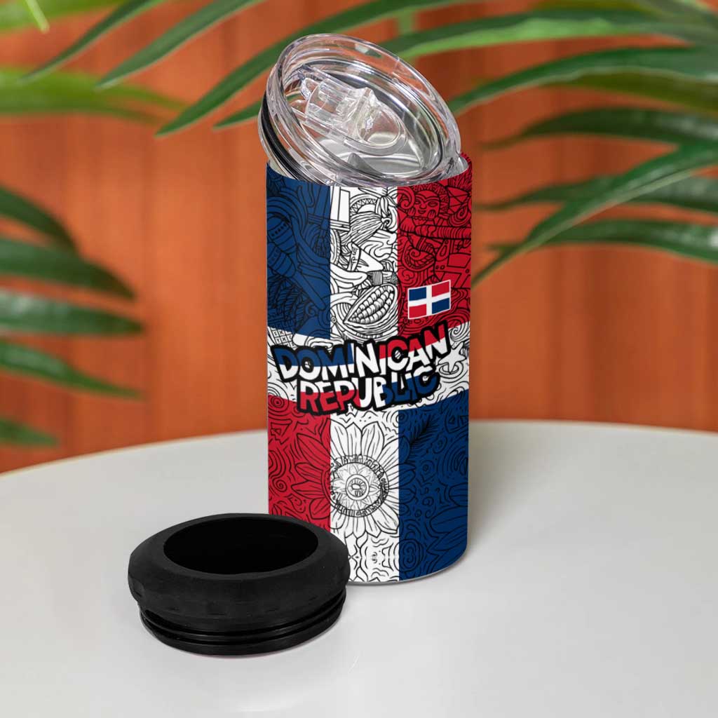 Dominican Republic Flag 4 in 1 Can Cooler Tumbler Red White and Blue Pattern with National Emblem and Tribal Design - Wonder Print Shop