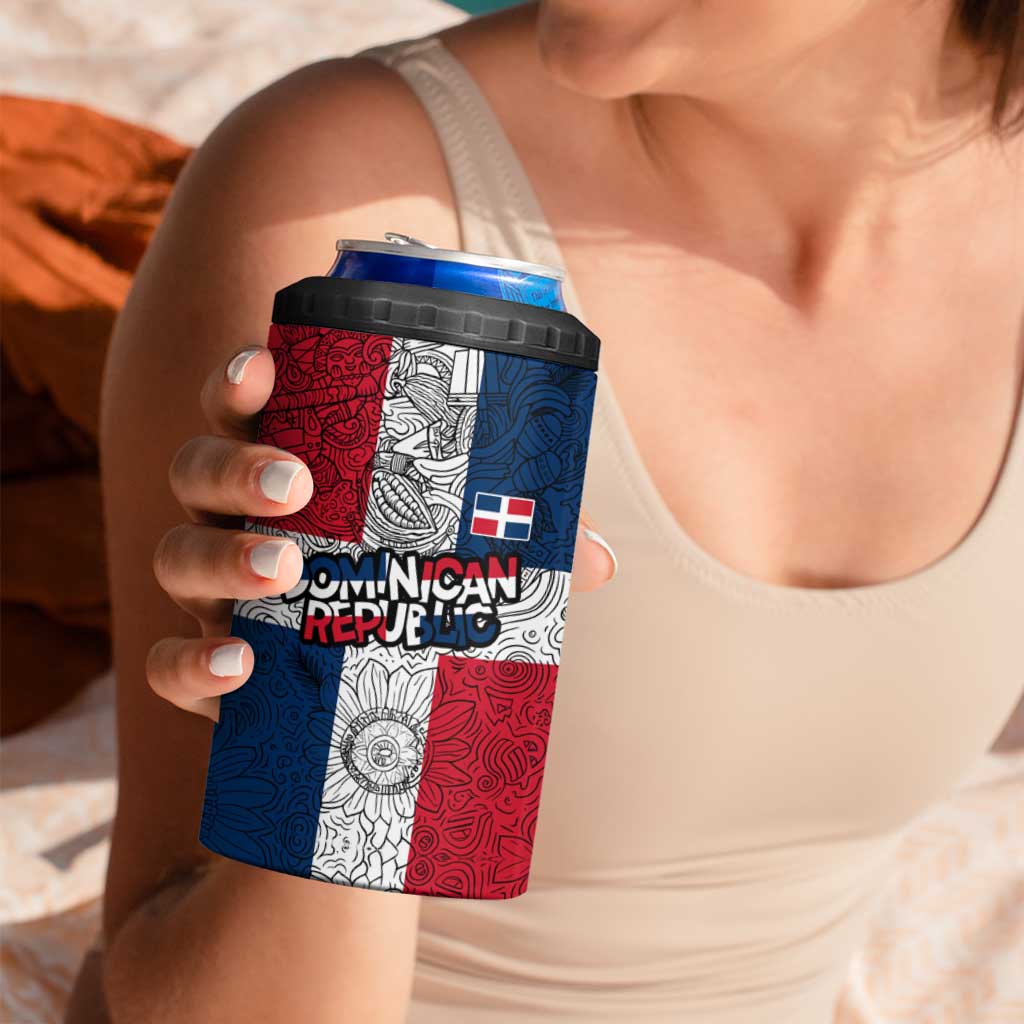 Dominican Republic Flag 4 in 1 Can Cooler Tumbler Red White and Blue Pattern with National Emblem and Tribal Design - Wonder Print Shop