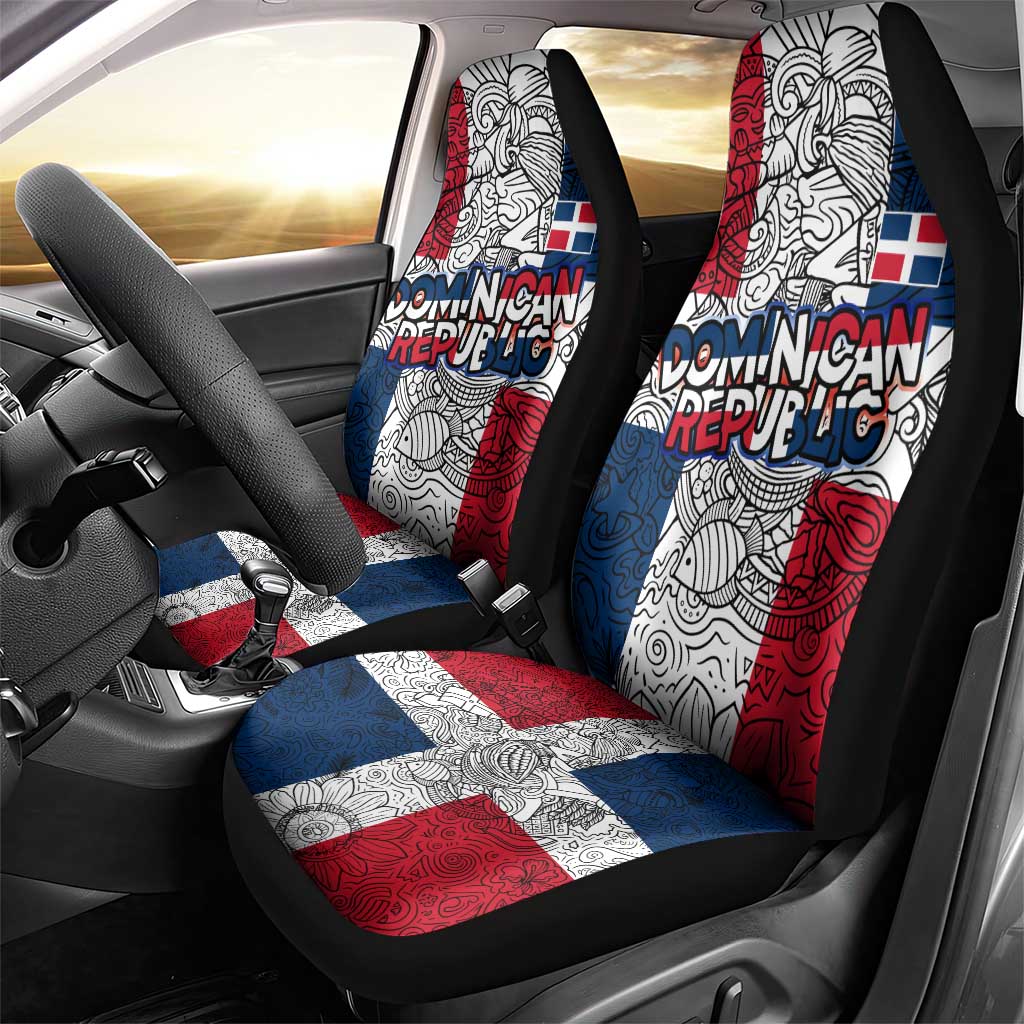 Dominican Republic Flag Car Seat Cover Red White and Blue Pattern with National Emblem and Tribal Design - Wonder Print Shop